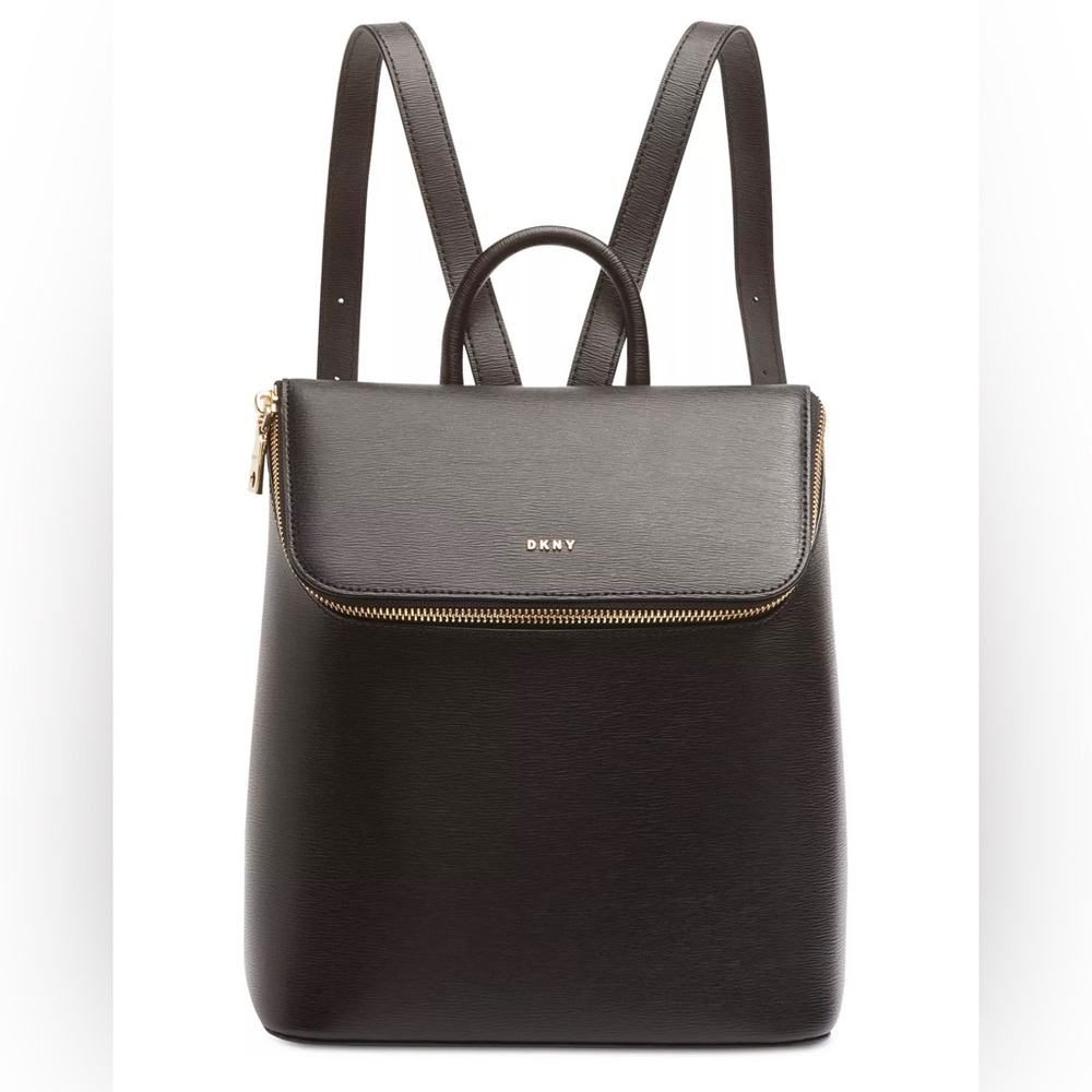 DKNY Black Leather Backpack with Gold Hardware